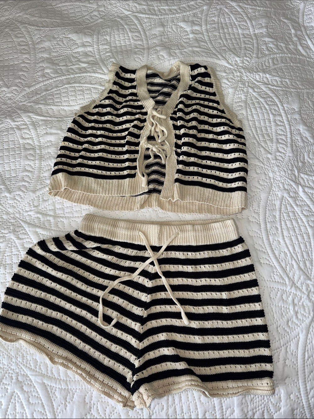 SHEIN Black and Cream Striped Knit Swim Coverup Set